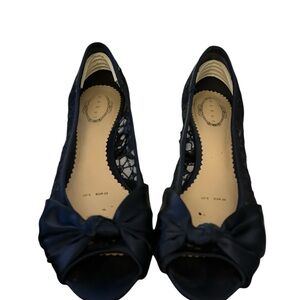 Elegant Navy Blue Peep-Toe Bow Flats